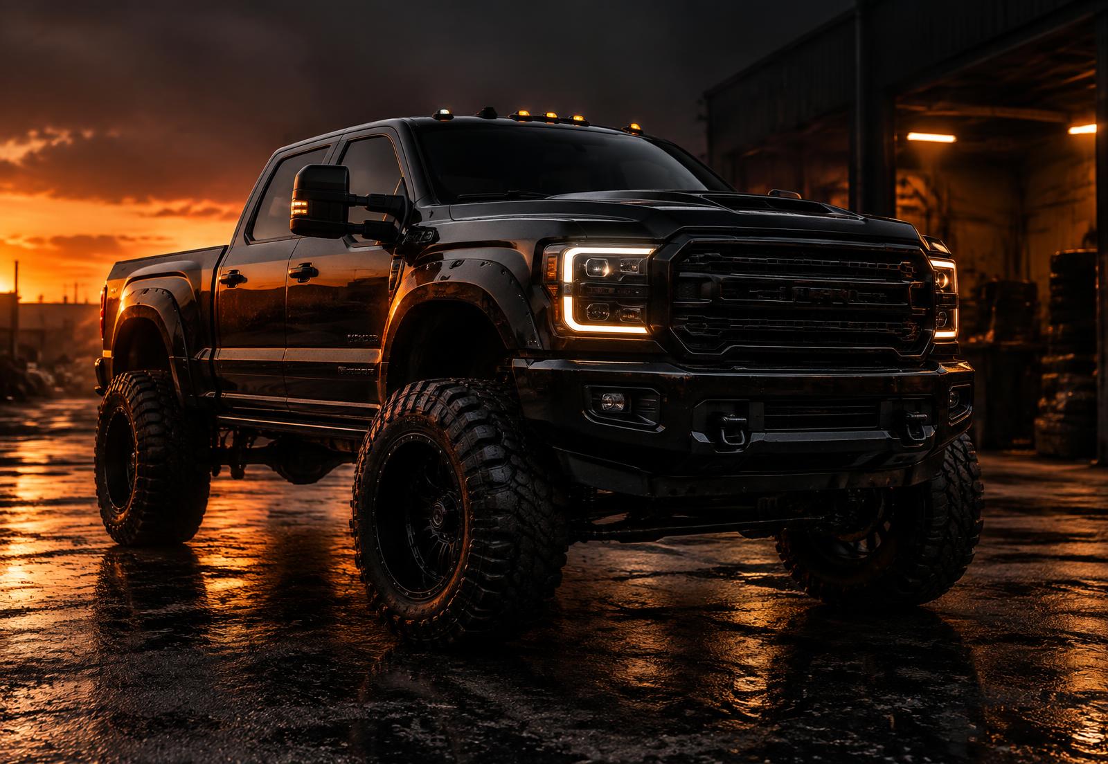 Heavy-duty diesel pickup truck at dusk